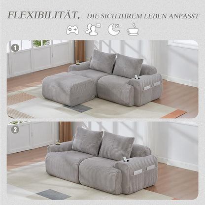Modulares Cord Sofa 2-Sitzer mit Hocker & Stauraum, Hellgrau