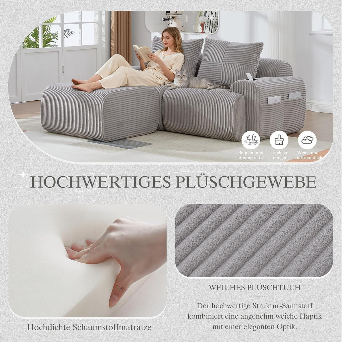 Modulares Cord Sofa 2-Sitzer mit Hocker & Stauraum, Hellgrau