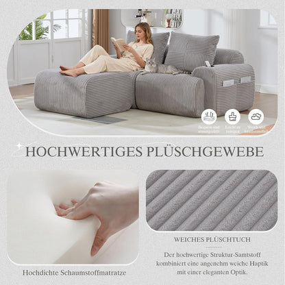 Modulares Cord Sofa 2-Sitzer mit Hocker & Stauraum, Hellgrau