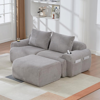 Modulares Cord Sofa 2-Sitzer mit Hocker & Stauraum, Hellgrau