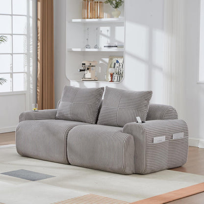 2-Sitzer Cord Sofa mit Stauraum & Getränkehalter – Hellgrau