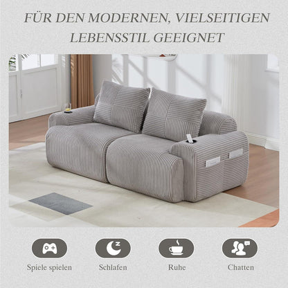 2-Sitzer Cord Sofa mit Stauraum & Getränkehalter – Hellgrau