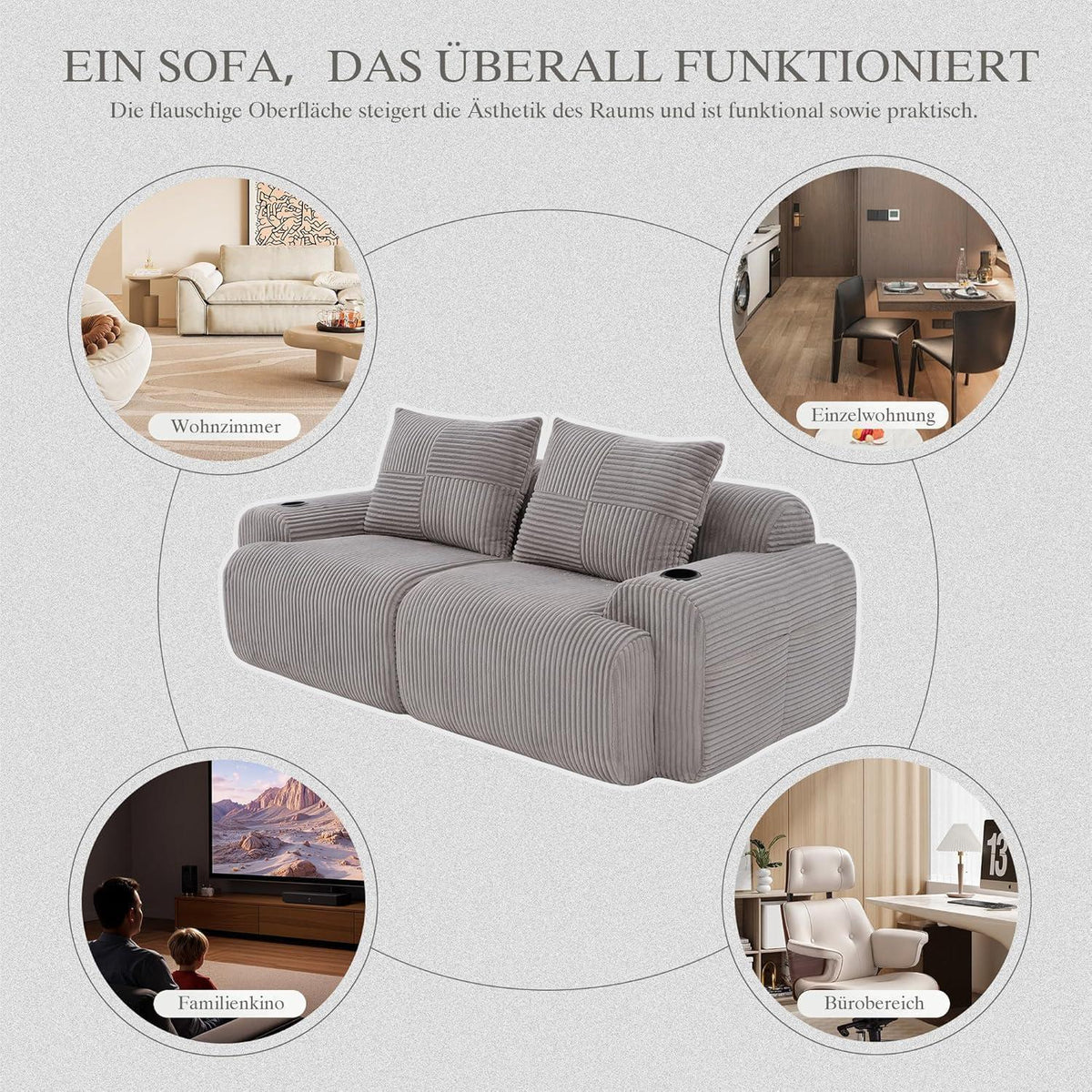 2-Sitzer Cord Sofa mit Stauraum & Getränkehalter – Hellgrau