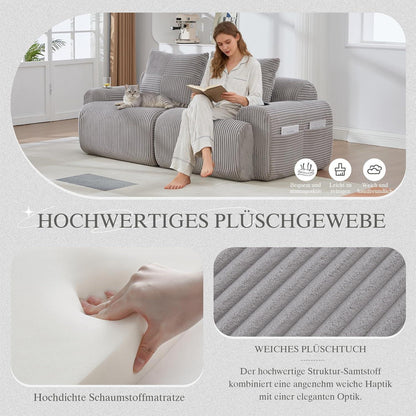 2-Sitzer Cord Sofa mit Stauraum & Getränkehalter – Hellgrau