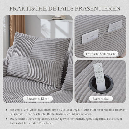 2-Sitzer Cord Sofa mit Stauraum & Getränkehalter – Hellgrau