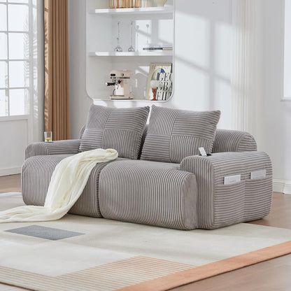 2-Sitzer Cord Sofa mit Stauraum & Getränkehalter – Hellgrau
