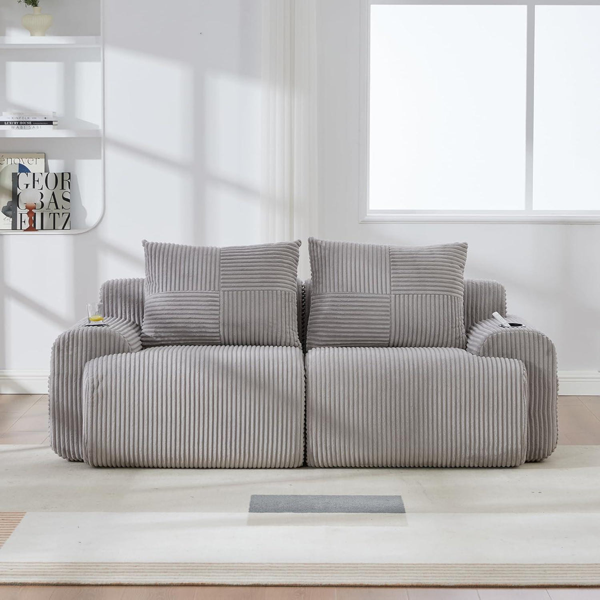 2-Sitzer Cord Sofa mit Stauraum & Getränkehalter – Hellgrau