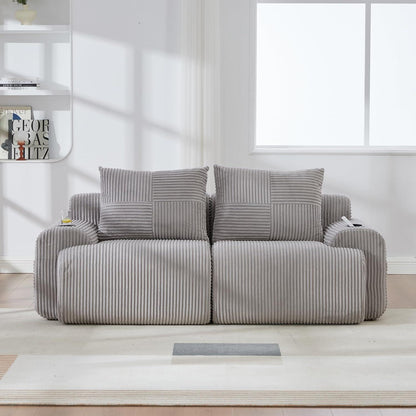 2-Sitzer Cord Sofa mit Stauraum & Getränkehalter – Hellgrau