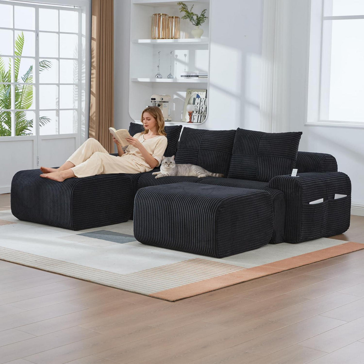 Modulares Cord Sofa 3-Sitzer mit Hockern & Stauraum Schwarz