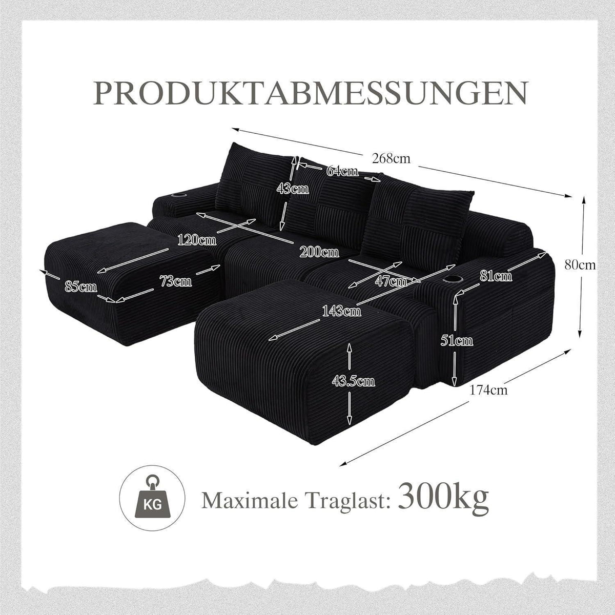 Modulares Cord Sofa 3-Sitzer mit Hockern & Stauraum Schwarz
