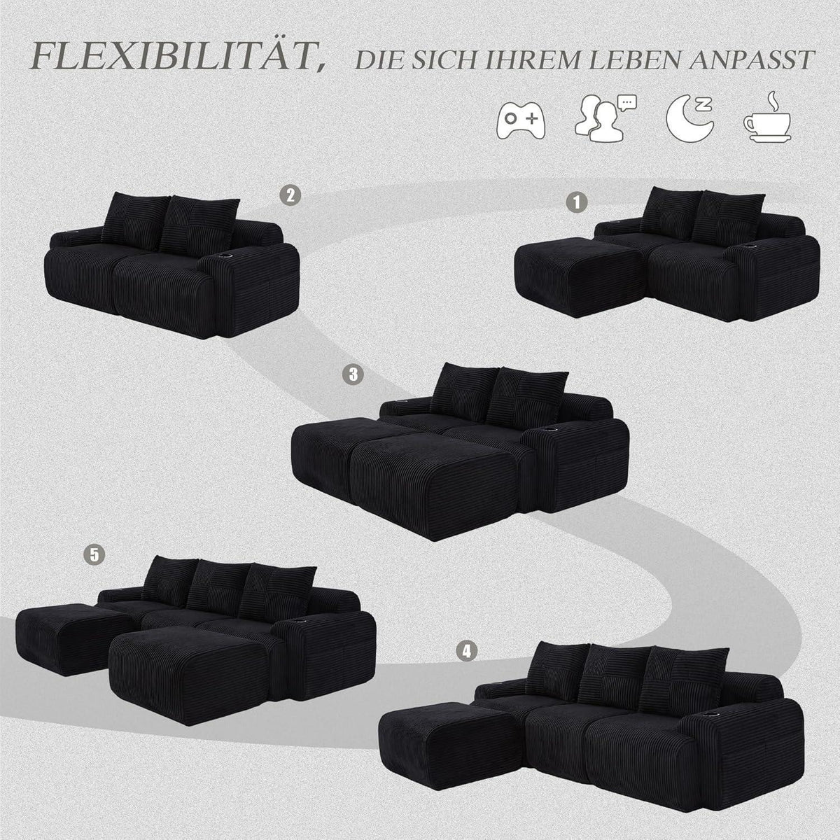 Modulares Cord Sofa 3-Sitzer mit Hockern & Stauraum Schwarz