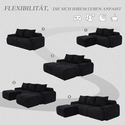 Modulares Cord Sofa 3-Sitzer mit Hockern & Stauraum Schwarz