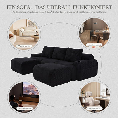 Modulares Cord Sofa 3-Sitzer mit Hockern & Stauraum Schwarz