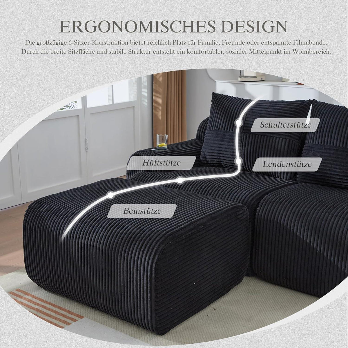 Modulares Cord Sofa 3-Sitzer mit Hockern & Stauraum Schwarz