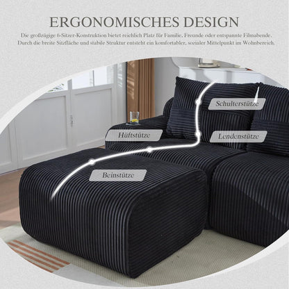 Modulares Cord Sofa 3-Sitzer mit Hockern & Stauraum Schwarz
