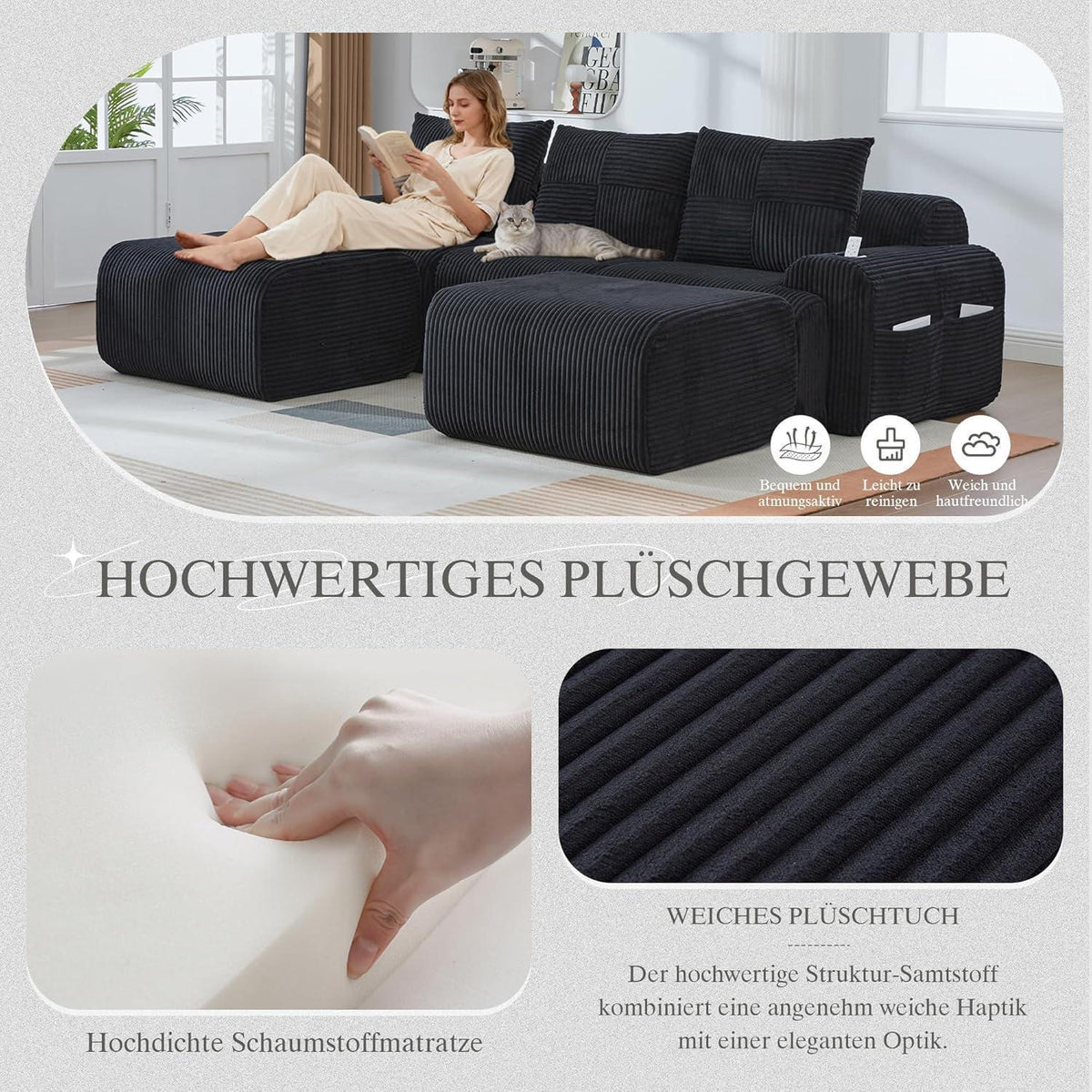 Modulares Cord Sofa 3-Sitzer mit Hockern & Stauraum Schwarz