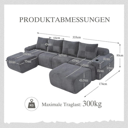 4-Sitzer Cord Sofa mit Hockern | Modular, Getränkehalter & Stauraum