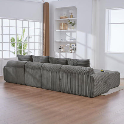4-Sitzer Cord Sofa mit Hockern | Modular, Getränkehalter & Stauraum