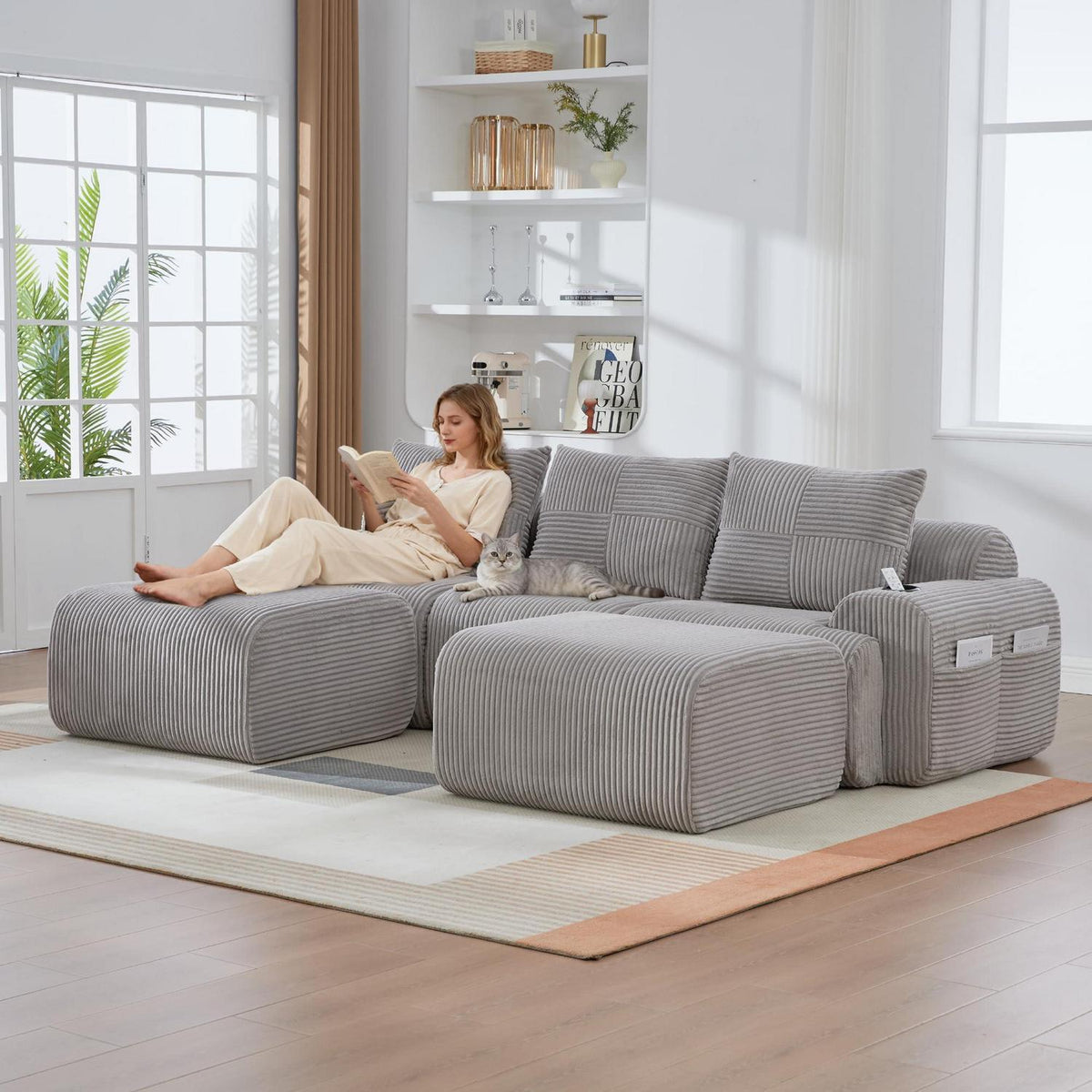 Modulares Cord Sofa 3-Sitzer mit Hockern & Stauraum