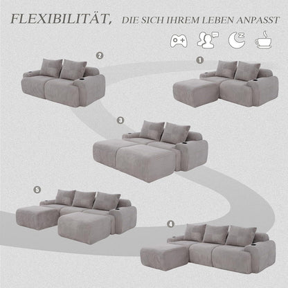 Modulares Cord Sofa 3-Sitzer mit Hockern & Stauraum