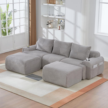 Modulares Cord Sofa 3-Sitzer mit Hockern & Stauraum