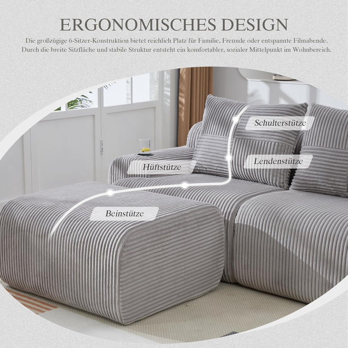 Modulares Cord Sofa 3-Sitzer mit Hockern & Stauraum