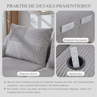 Modulares Cord Sofa 3-Sitzer mit Hockern & Stauraum