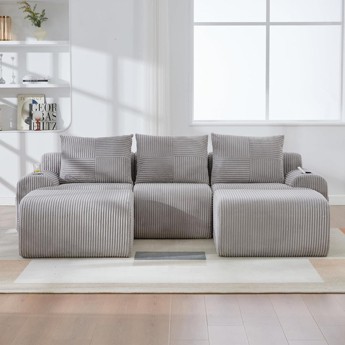 Modulares Cord Sofa 3-Sitzer mit Hockern & Stauraum