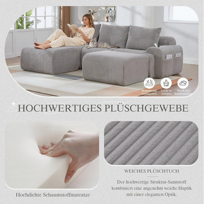 Modulares Cord Sofa 3-Sitzer mit Hockern & Stauraum