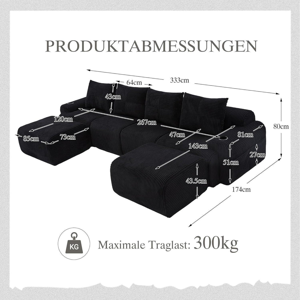 4-Sitzer Cord Sofa mit Hockern | Modular, Getränkehalter & Stauraum