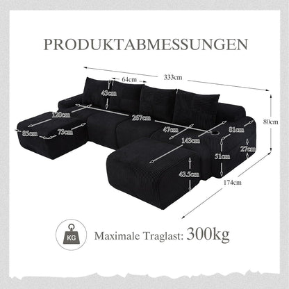 4-Sitzer Cord Sofa mit Hockern | Modular, Getränkehalter & Stauraum