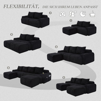 4-Sitzer Cord Sofa mit Hockern | Modular, Getränkehalter & Stauraum