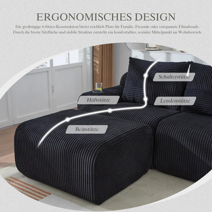 4-Sitzer Cord Sofa mit Hockern | Modular, Getränkehalter & Stauraum