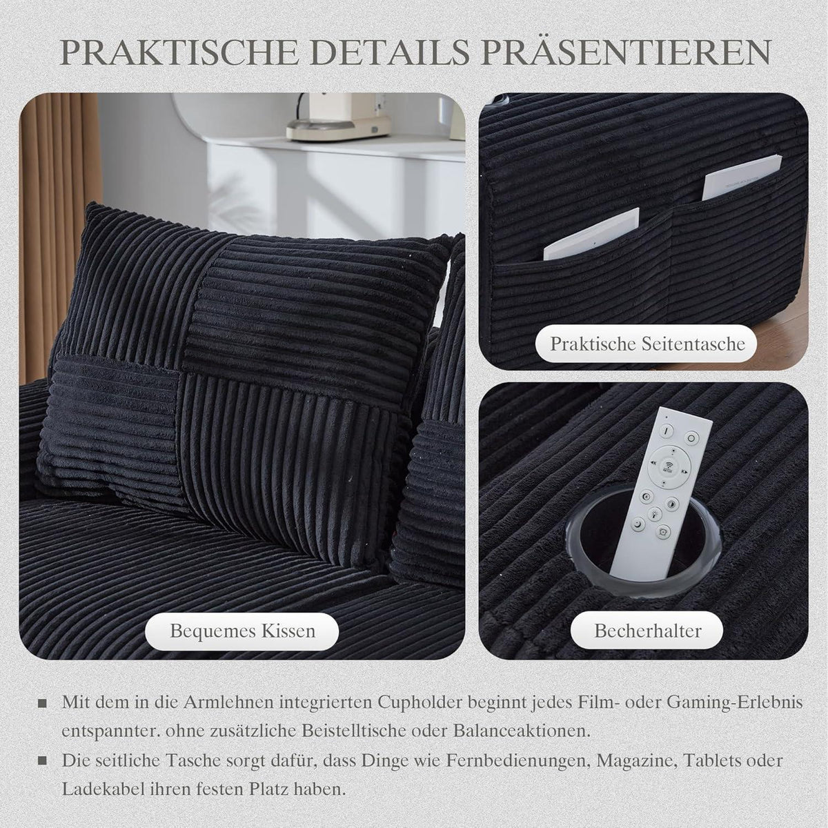 4-Sitzer Cord Sofa mit Hockern | Modular, Getränkehalter & Stauraum