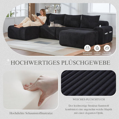 4-Sitzer Cord Sofa mit Hockern | Modular, Getränkehalter & Stauraum