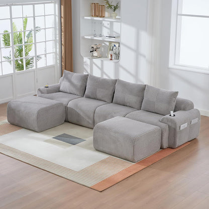 4-Sitzer Cord Sofa mit Hockern | Modular, Getränkehalter & Stauraum