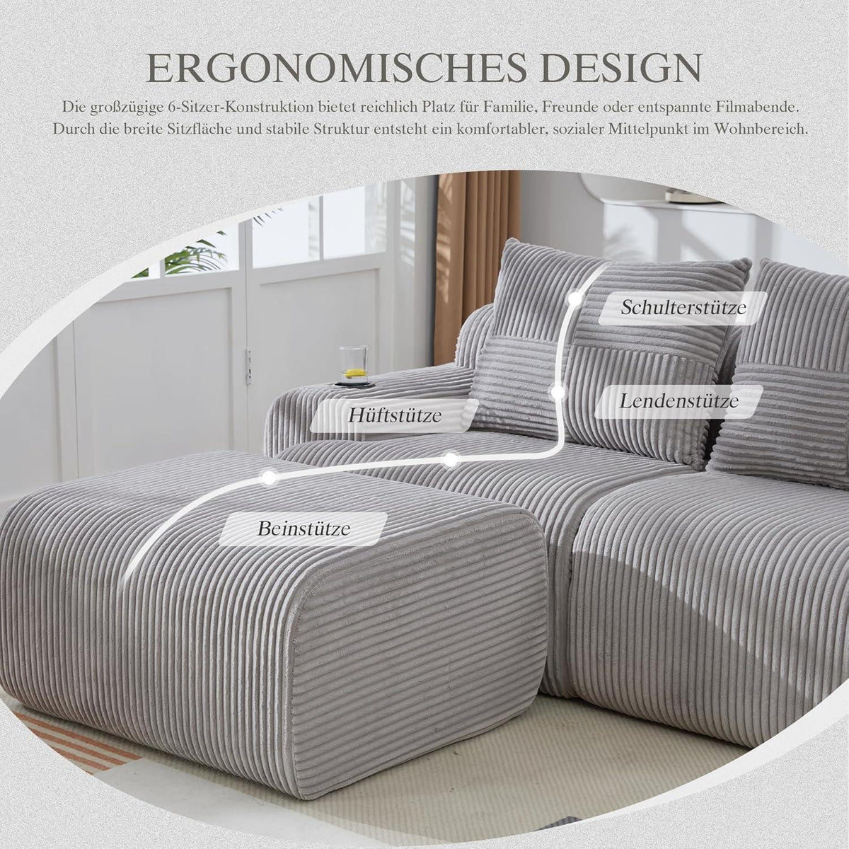 4-Sitzer Cord Sofa mit Hockern | Modular, Getränkehalter & Stauraum