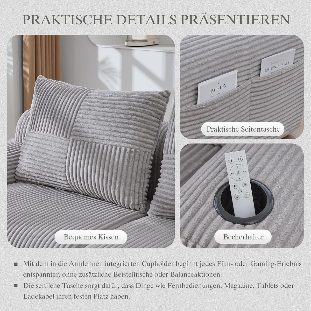 4-Sitzer Cord Sofa mit Hockern | Modular, Getränkehalter & Stauraum