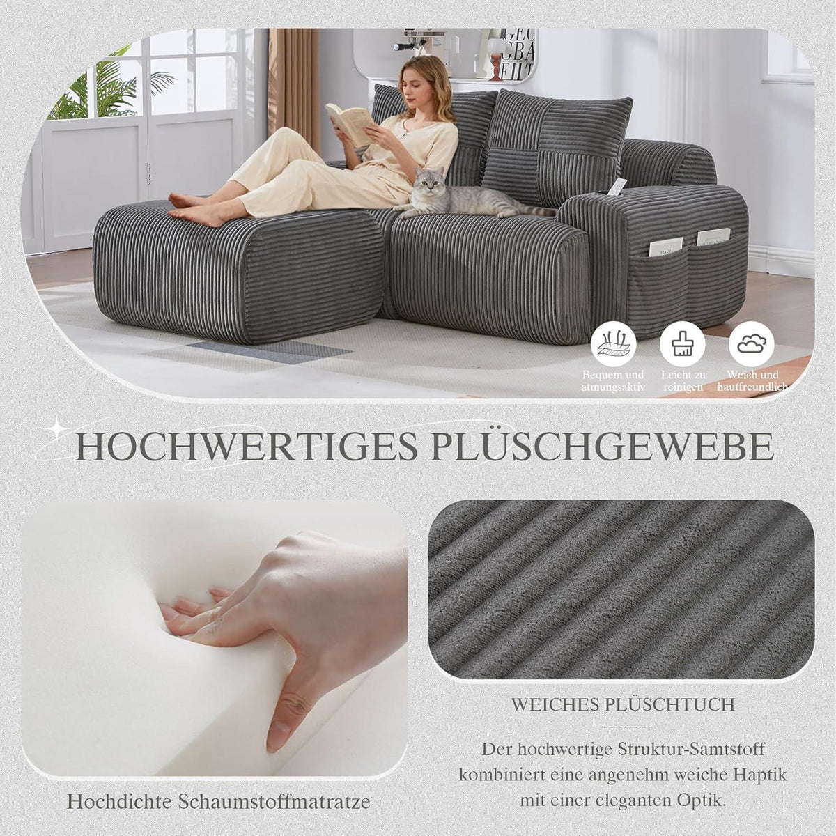 Modulares Cord Sofa 2-Sitzer mit Hocker & Stauraum