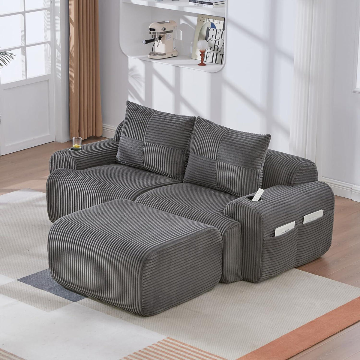 Modulares Cord Sofa 2-Sitzer mit Hocker & Stauraum
