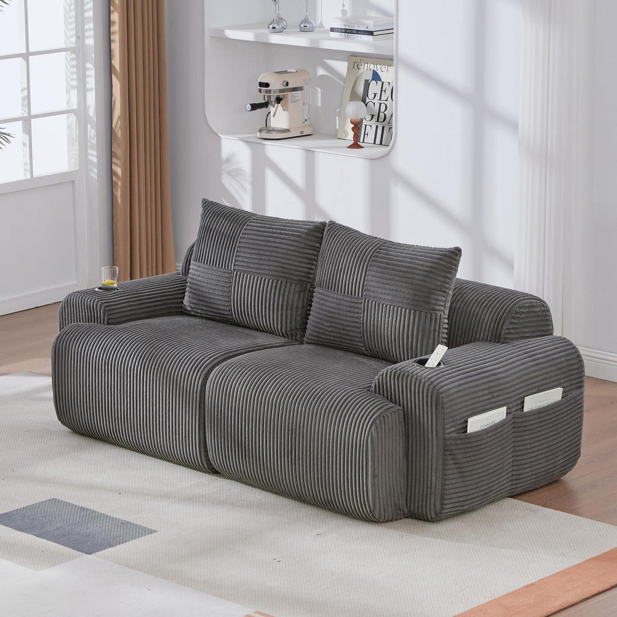 Cord 2-Sitzer Sofa mit Stauraum & Getränkehalter – Dunkelgrau