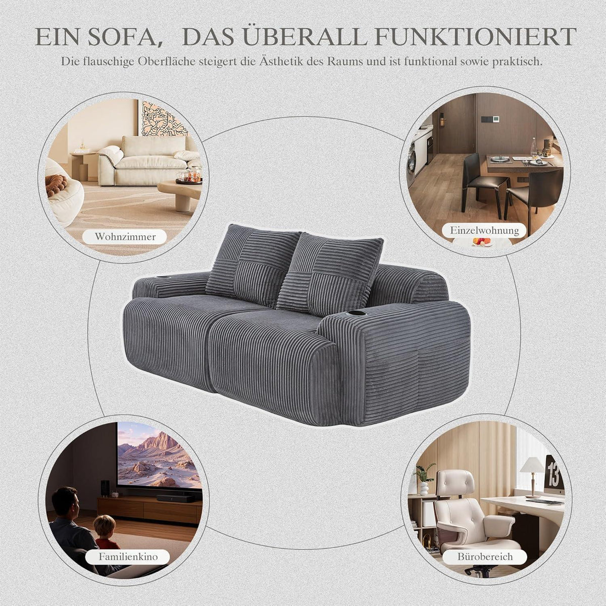 Cord 2-Sitzer Sofa mit Stauraum & Getränkehalter – Dunkelgrau