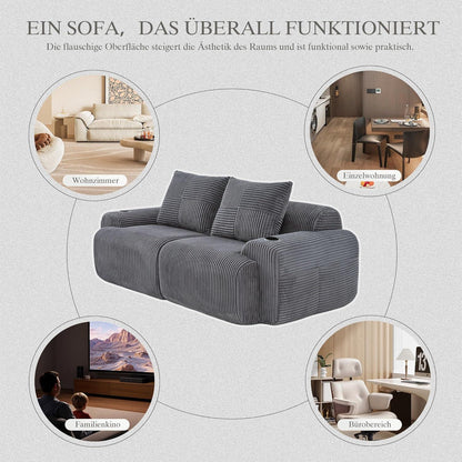 Cord 2-Sitzer Sofa mit Stauraum & Getränkehalter – Dunkelgrau