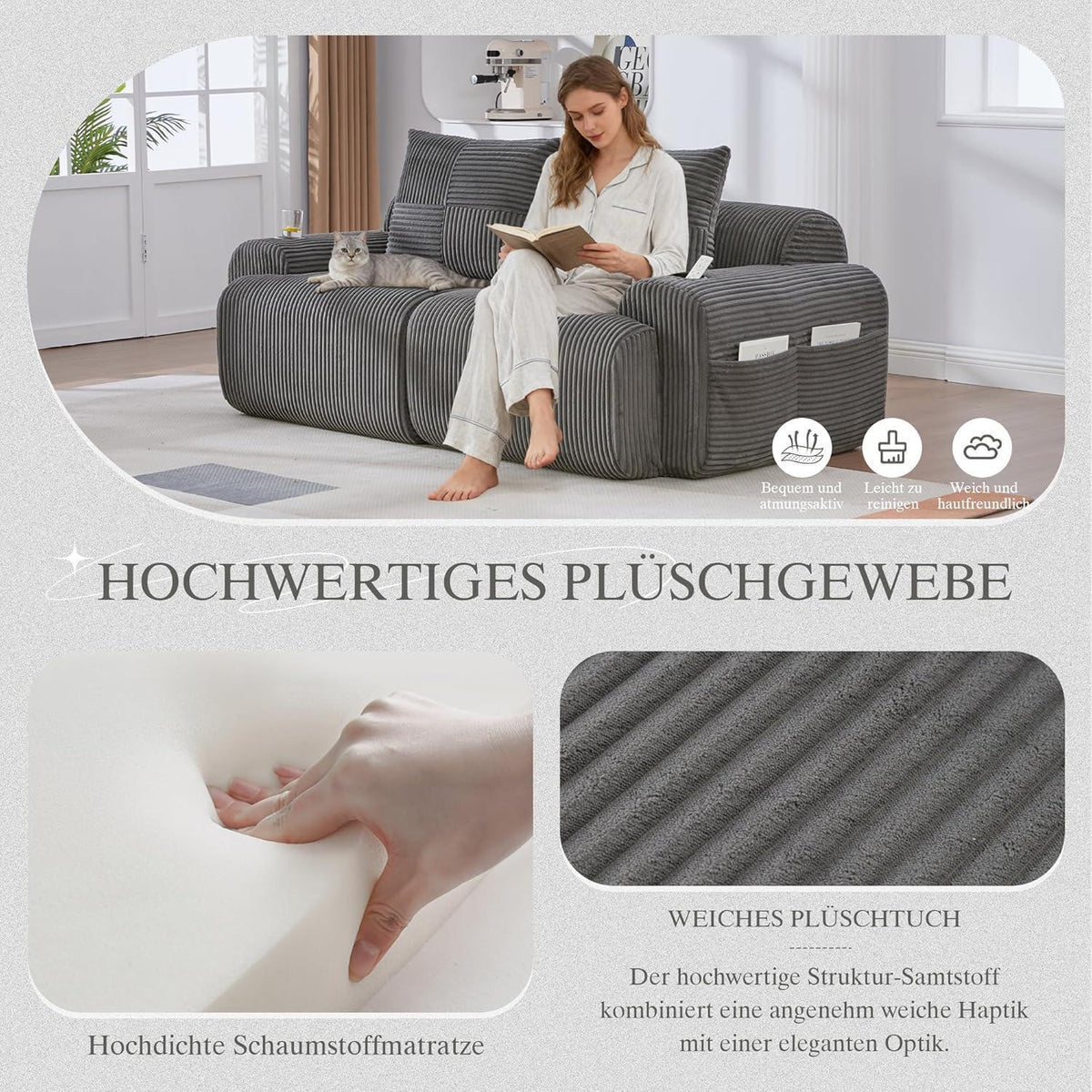 Cord 2-Sitzer Sofa mit Stauraum & Getränkehalter – Dunkelgrau