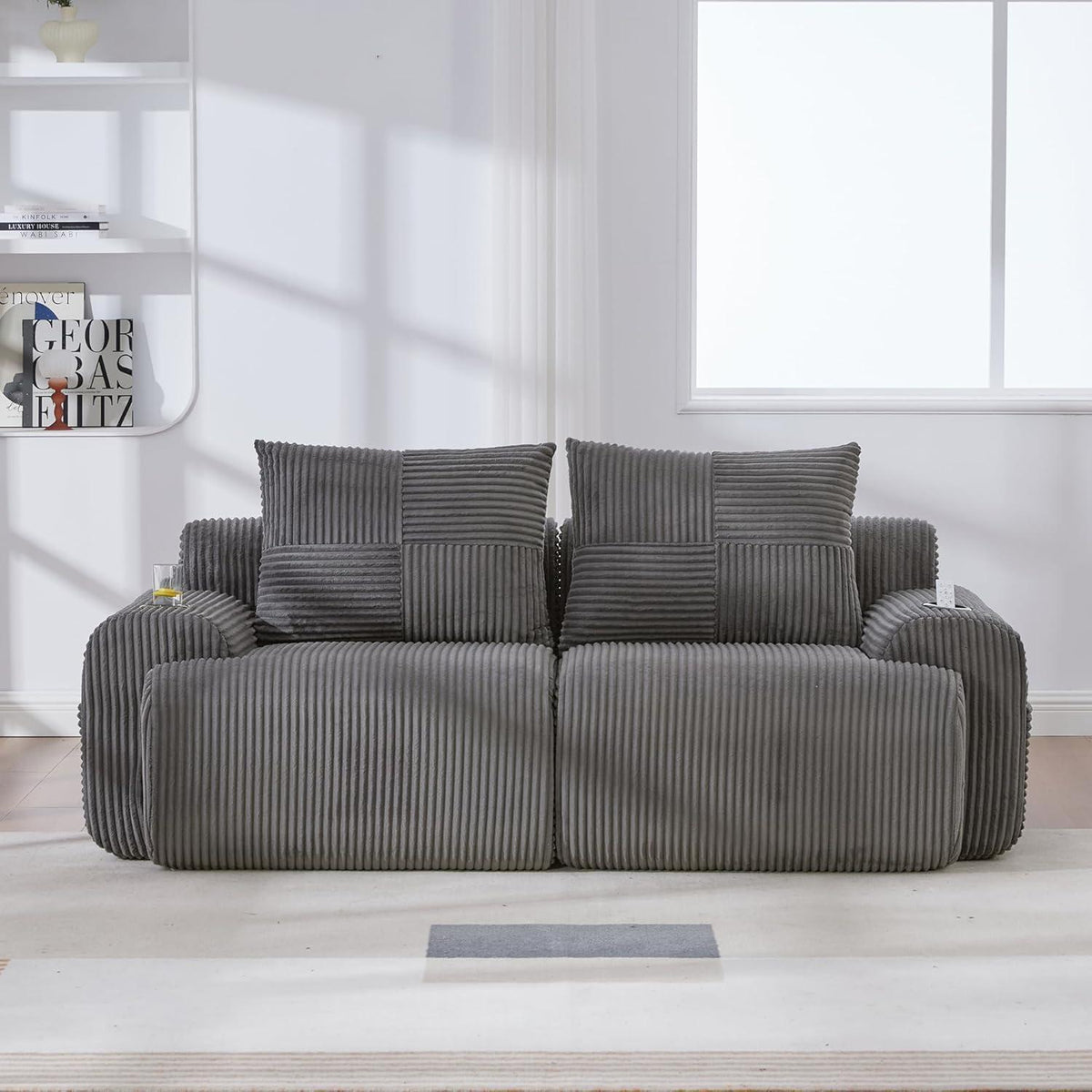Cord 2-Sitzer Sofa mit Stauraum & Getränkehalter – Dunkelgrau