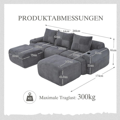 Modulares Cord Sofa 3-Sitzer mit Hockern & Stauraum