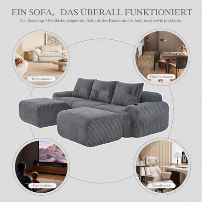 Modulares Cord Sofa 3-Sitzer mit Hockern & Stauraum