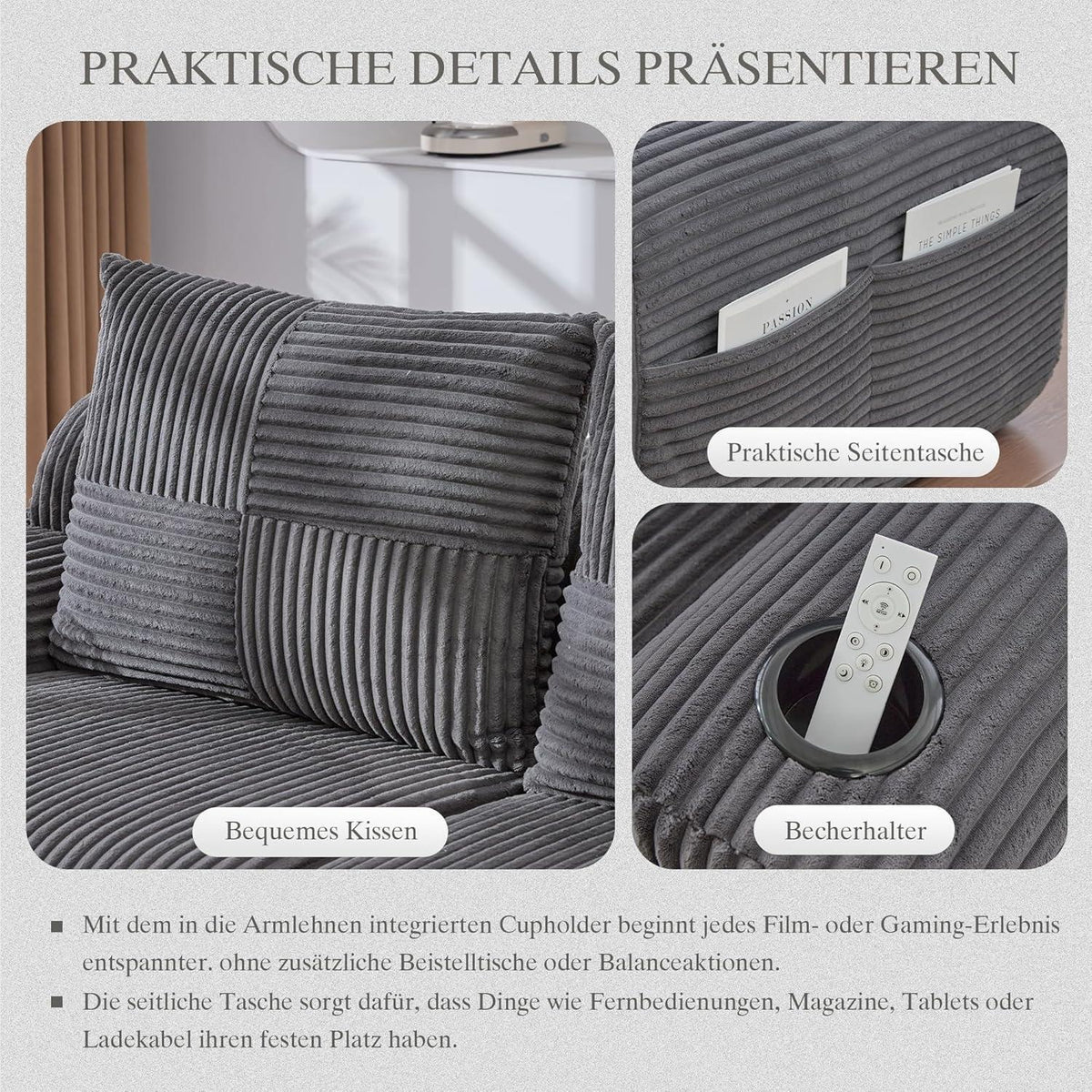 Modulares Cord Sofa 3-Sitzer mit Hockern & Stauraum
