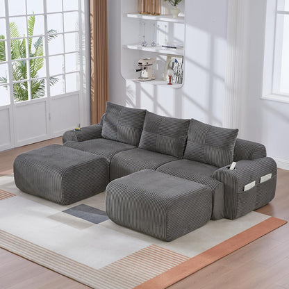 Modulares Cord Sofa 3-Sitzer mit Hockern & Stauraum