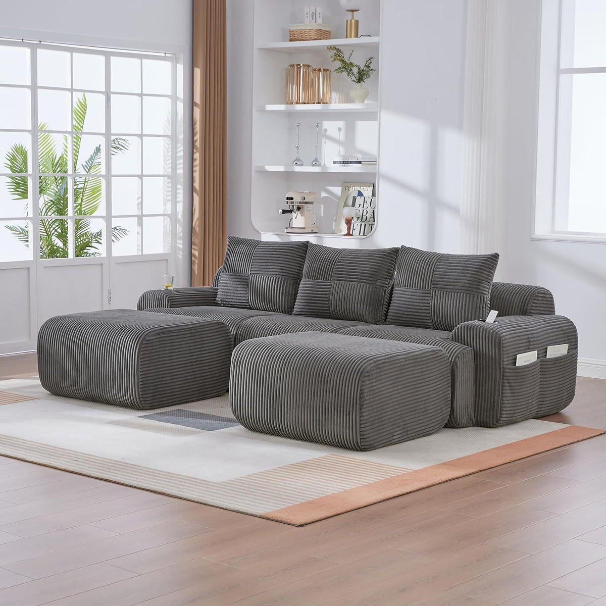 Modulares Cord Sofa 3-Sitzer mit Hockern & Stauraum
